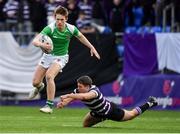 12 February 2019; Conor Hennessy of Gonzaga College breaks through the tackle of Henry Roberts of Terenure College during the Bank of Ireland Leinster Schools Senior Cup Round 2 match between Gonzaga College and Terenure College at Energia Park in Donnybrook, Dublin.  Photo by Brendan Moran/Sportsfile