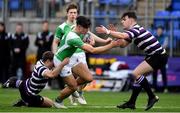 12 February 2019; Karl Morgan of Gonzaga College is tackled by Henry Roberts, left, and Matthew McGettrick of Terenure College during the Bank of Ireland Leinster Schools Senior Cup Round 2 match between Gonzaga College and Terenure College at Energia Park in Donnybrook, Dublin.  Photo by Brendan Moran/Sportsfile