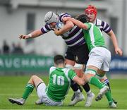 12 February 2019; Jack Townsend of Terenure College is tackled by Harry Colbert, left, and Tom Cullen of Gonzaga College during the Bank of Ireland Leinster Schools Senior Cup Round 2 match between Gonzaga College and Terenure College at Energia Park in Donnybrook, Dublin.  Photo by Brendan Moran/Sportsfile