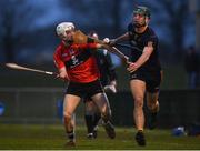 12 February 2019; Chris Crummey of DCU Dóchas Éireann in action against Evan Sheehan of UCC during the Electric Ireland Fitzgibbon Cup Semi-Final match between University College Cork and DCU Dóchas Éireann at the WIT Sports Campus in Carriganore, Waterford. Photo by Harry Murphy/Sportsfile