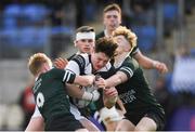 13 February 2019; Matthew Gregan of Belvedere College is tackled by Jack Doyle, left, and Sam Cahill of Newbridge College during the Bank of Ireland Leinster Schools Senior Cup Round 2 match between Belvedere College and Newbridge College at Energia Park in Donnybrook, Dublin.  Photo by Eóin Noonan/Sportsfile