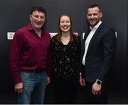13 February 2019; Former Cork camogie and football player Rena Buckley with former Dublin footballer Kieran Duff, left, and former Kilkenny hurler Jackie Tyrrell in attendance at the Laochra Gael Launch at the Dean Hotel in Dublin. Photo by Matt Browne/Sportsfile