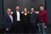 13 February 2019; Former Cork camogie and football player Rena Buckley with, from left, former Offaly footballer Seamus Darby, former Kilkenny hurler Jackie Tyrrell, former Limerick hurler Andrew O'Shaughnessy and former Dublin footballer Kieran Duff in attendance at the Laochra Gael Launch at the Dean Hotel in Dublin. Photo by Matt Browne/Sportsfile