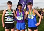13 February 2019; First place Efram Gidley of Le Cheile, Tyrrelstown, Co. Dublin, centre, second place Shay McEvoy of St Kieran's Kilkenny, Co. Kilkenny, left, and third place Shane Coffey of Naas CBS, Co. Kildare, right, following the Senior Boys 6000m during the Irish Life Health Leinster Schools Cross Country at Santry Demesne in Co. Dublin. Photo by Seb Daly/Sportsfile
