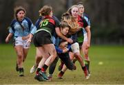 13 February 2019; Orla Murray of MU Barnhall is tackled by Aisling Brosnan, left, and Meaghan Kenny of IT Carlow during the Kay Bowen Women’s Senior 7s Final match between IT Carlow and MU Barnhall at MU Barnhall RFC in Leixlip, Kildare. Photo by Piaras Ó Mídheach/Sportsfile