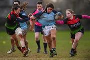 13 February 2019; Alice Canavan of MU Barnhall in action against Meaghan Kenny, left, and Robyn Mullen of IT Carlow during the Kay Bowen Women’s Senior 7s Final match between IT Carlow and MU Barnhall at MU Barnhall RFC in Leixlip, Kildare. Photo by Piaras Ó Mídheach/Sportsfile