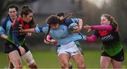 13 February 2019; Alice Canavan of MU Barnhall in action against Meaghan Kenny, left, and Robyn Mullen of IT Carlow during the Kay Bowen Women’s Senior 7s Final match between IT Carlow and MU Barnhall at MU Barnhall RFC in Leixlip, Kildare. Photo by Piaras Ó Mídheach/Sportsfile