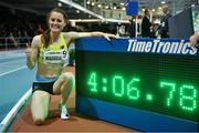 13 February 2019; Ciara Mageean of Ireland celebrates her new indoor Irish record, of 4:06.78 sec, during the TG4 Women's 1500m at the AIT International Grand Prix 2019 in the Athlone Institute of Technology in Westmeath. Photo by Brendan Moran/Sportsfile