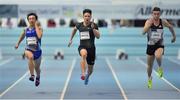 13 February 2019; Su Bingtian of China, centre, on his way to winning the Athletics Ireland Men's 60m final from Takuya Kamakawi of Japan, left, and Marcus Lawler of Ireland during the AIT International Grand Prix 2019 at the Athlone Institute of Technology in Westmeath. Photo by Brendan Moran/Sportsfile