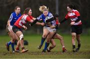 13 February 2019; Sophie Hipsor of Queen's University in action against CIT players, from left, Rebecca Hayes, Isabella Dowling, and Aoife Fitzgerald during the Kay Bowen Women’s Senior 7s match between CIT and Queen's University at MU Barnhall RFC in Leixlip, Kildare. Photo by Piaras Ó Mídheach/Sportsfile