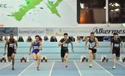 13 February 2019; Athletes, from left, Christopher Sibanda of Ireland, Takuya Kamakawi of Japan, Su Bingtian of China, Marcus Lawler of Ireland and Kyle de Escofet of Great Britain competing in the Athletics Ireland Men's 60m final during the AIT International Grand Prix 2019 at the Athlone Institute of Technology in Westmeath. Photo by Brendan Moran/Sportsfile