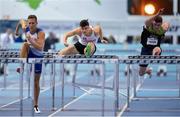 13 February 2019; David King of Great Britain, left, Matthew Behan of Ireland and Shane Aston of Ireland, right, competing in the AIT Sport Men's 60m Hurdles during the AIT International Grand Prix 2019 at the Athlone Institute of Technology in Westmeath. Photo by Brendan Moran/Sportsfile