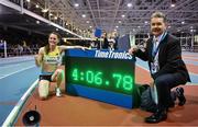 13 February 2019; Ciara Mageean of Ireland with meet director Prof Ciarán Ó Catháin after setting a new indoor Irish record in the TG4 Women's 1500m of 4:06.78sec during the AIT International Grand Prix 2019 at the Athlone Institute of Technology in Westmeath. Photo by Brendan Moran/Sportsfile