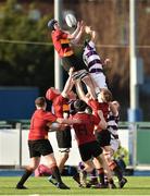 14 February 2019; Hugh Ross of CBC Monkstown wins possession in the lineout against Hugh Lonergan of Clongowes Wood during the Bank of Ireland Leinster Schools Senior Cup Round 2 match between Clongowes Wood College and CBC Monkstown at Energia Park in Donnybrook, Dublin. Photo by Matt Browne/Sportsfile