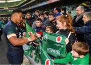 15 February 2019; Bundee Aki meets supporters following an Ireland rugby open training session at the Aviva Stadium in Dublin. Photo by Seb Daly/Sportsfile