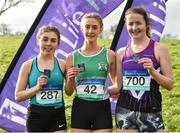 15 February 2019; Laura Nicholson, centre, from Bandon Grammar School, who won the Senior Girls 2500m from second place Aoife Allen, left, from Mercy Waterford and third place Ruth Heary, right, from Waterpark, Waterford City during the Irish Life Health Munster Schools Cross Country event at WIT Sports Campus in Carrignore, Waterford. Photo by Matt Browne/Sportsfile