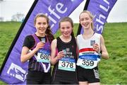 15 February 2019; Niamh O'Mahony, centre, from Presentation Tralee, Co Kerry, after winning the Intermediate Girls 3000m with second place Una O'Brien, left, from Dunmore and third place Emma Landers, right, from Youghal during the Irish Life Health Munster Schools Cross Country event at WIT Sports Campus in Carrignore, Waterford. Photo by Matt Browne/Sportsfile