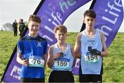 15 February 2019; Sean Lawton, centre, from Colaiste Poball Bantry, who won the Minor Boys 2500m from second place Shane Buckley, left, from Cashel CS and third place Fionn Harrington, right, from Colaiste Poball Bantry during the Irish Life Health Munster Schools Cross Country event at WIT Sports Campus in Carrignore, Waterford. Photo by Matt Browne/Sportsfile