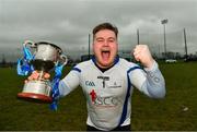 15 February 2019; SRC goalkeeper Lochlainn Leneghan celebrates with the cup after the Electric Ireland HE GAA Corn Comhairle Ardoideachais Final match between Southern Regional College and Mary Immaculate College, Thurles, at Mallow GAA Sports Comlpex in Cork. Photo by Diarmuid Greene/Sportsfile
