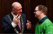 15 February 2019; Lord Mayor of Dublin Nial Ring today met Dublin athletes as they prepare to represent Ireland at the World Summer Games in Abu Dhabi in 2019 at Mansion House in Dublin. Pictured Mark Claffey, from Dublin, with Lord Mayor of Dublin Nial Ring. Photo by Piaras Ó Mídheach/Sportsfile