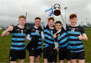 15 February 2019; SRC players, from left, Ryan Duffy, Nathan Farrell, Peter McClean, Stephen Grant, and Jack McAneney celebrate with the cup after the Electric Ireland HE GAA Corn Comhairle Ardoideachais Final match between Southern Regional College and Mary Immaculate College, Thurles, at Mallow GAA Sports Comlpex in Cork. Photo by Diarmuid Greene/Sportsfile