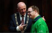 15 February 2019; Lord Mayor of Dublin Nial Ring today met Dublin athletes as they prepare to represent Ireland at the World Summer Games in Abu Dhabi in 2019 at Mansion House in Dublin. Pictured Mark Claffey, from Dublin, with Lord Mayor of Dublin Nial Ring. Photo by Piaras Ó Mídheach/Sportsfile