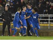 15 February 2019; Kevin Lynch of Waterford, centre, is congratulated by his team-mates after scoring his side's first goal against Shamrock Rovers during the SSE Airtricity League Premier Division match between Waterford and Shamrock Rovers at the RSC in Waterford. Photo by Matt Browne/Sportsfile