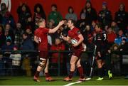 15 February 2019; Darren Sweetnam of Munster, left, celebrates with team-mate Andrew Conway after scoring his side's third try during the Guinness PRO14 Round 15 match between Munster and Southern Kings at Irish Independent Park in Cork. Photo by Diarmuid Greene/Sportsfile