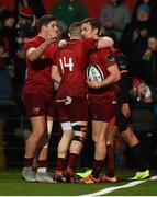 15 February 2019; Darren Sweetnam of Munster celebrates with team-mates Dan Goggin and Andrew Conway after scoring his side's third try during the Guinness PRO14 Round 15 match between Munster and Southern Kings at Irish Independent Park in Cork. Photo by Diarmuid Greene/Sportsfile