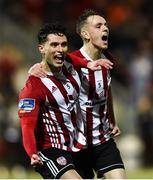 15 February 2019; Eoghan Stokes of Derry City, left, celebrates after scoring his side's third goal, with team-mate Ciaron Harkin, during the SSE Airtricity League Premier Division match between Derry City and UCD at the Ryan McBride Brandywell Stadium in Derry. Photo by Oliver McVeigh/Sportsfile