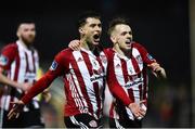 15 February 2019; Eoghan Stokes of Derry City, left, celebrates after scoring his side's third goal, with team-mate Ciaron Harkin, during the SSE Airtricity League Premier Division match between Derry City and UCD at the Ryan McBride Brandywell Stadium in Derry. Photo by Oliver McVeigh/Sportsfile