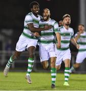 15 February 2019; Ethan Boyle, right, and Dan Carr of Shamrock Rovers celebrate after teammate Orhan Vojic scored their side's winning goal against Waterford during the SSE Airtricity League Premier Division match between Waterford and Shamrock Rovers at the RSC in Waterford. Photo by Matt Browne/Sportsfile