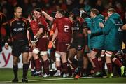 15 February 2019; Billy Holland of Munster, left, is congratulated by team-mates after scoring a try during the Guinness PRO14 Round 15 match between Munster and Southern Kings at Irish Independent Park in Cork. Photo by Diarmuid Greene/Sportsfile
