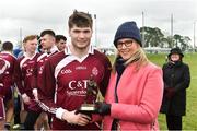 16 February 2019; Darragh Mulgrew of Marino is presented with the man of the match trophy by Lynne D’Arcy from Electric Ireland after the Electric Ireland HE GAA Corn na Mac Leinn Shield Final match between Marino Institute of Education and New York at Mallow GAA in Mallow, Cork. Photo by Matt Browne/Sportsfile