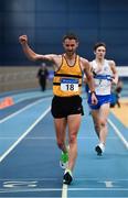 16 February 2019; Alex Wright of Leevale AC, Co. Cork, celebrates winning the Men's 5k Walk event during day 1 of the Irish Life Health National Senior Indoor Athletics Championships at the National Indoor Arena in Abbotstown, Dublin. Photo by Sam Barnes/Sportsfile