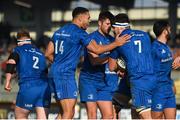 16 February 2019; Leinster's Max Deegan, 7, celebrates with team-mates after scoring his side's first try during the Guinness PRO14 Round 15 match between Zebre and Leinster at the Luigi Zaffanella Stadium in Viadana, Italy. Photo by Ramsey Cardy/Sportsfile