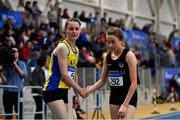 16 February 2019; Ciara Mageean of U.C.D. AC, Co. Dublin, left, and Sarah Healy of Blackrock AC, Co. Dublin, shake hands after competing in the Women's 3000m during day 1 of the Irish Life Health National Senior Indoor Athletics Championships at the National Indoor Arena in Abbotstown, Dublin. Photo by Sam Barnes/Sportsfile