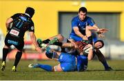 16 February 2019; Carlo Canna of Zebre is tackled by Caelan Doris of Leinster during the Guinness PRO14 Round 15 match between Zebre and Leinster at the Luigi Zaffanella Stadium in Viadana, Italy. Photo by Ramsey Cardy/Sportsfile