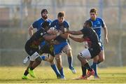 16 February 2019; Caelan Doris of Leinster is tackled by Jimmy Tuivaiti, left, and Maxime Mbandà of Zebre during the Guinness PRO14 Round 15 match between Zebre and Leinster at the Luigi Zaffanella Stadium in Viadana, Italy. Photo by Ramsey Cardy/Sportsfile