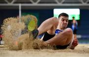 16 February 2019; Mark Burton of Queens University Belfast competing in the Men's Triple Jump event during day 1 of the Irish Life Health National Senior Indoor Athletics Championships at the National Indoor Arena in Abbotstown, Dublin. Photo by Sam Barnes/Sportsfile