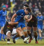 16 February 2019; Max Deegan of Leinster is tackled by Danilo Fischetti, left, and Samuele Ortis of Zebre during the Guinness PRO14 Round 15 match between Zebre and Leinster at the Luigi Zaffanella Stadium in Viadana, Italy. Photo by Ramsey Cardy/Sportsfile