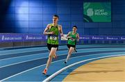 16 February 2019; Cillian Doherty of Rathfarnham W.S.A.F. AC, Co. Dublin, left, and Jack Moore of Carmen Runners AC  competing in the Men's 1500m event during day 1 of the Irish Life Health National Senior Indoor Athletics Championships at the National Indoor Arena in Abbotstown, Dublin. Photo by Sam Barnes/Sportsfile