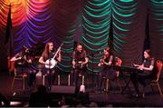 16 February 2019; Leinster team from Kilcormac-Killoughey, Offaly, Aoibhe Dooley, Verona Lynch, Aine Gleeson, Meibh Dooley and Naoise Dooley competing in the Ceol Uirlise catagory during the Cream of The Crop at Scór na nÓg All Ireland Finals at St Gerards De La Salle Secondary School in Castlebar, Co Mayo. Photo by Eóin Noonan/Sportsfile