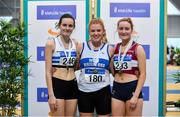 16 February 2019; Women's 3k Walk medallists, from left, Niamh O'Connor of Celbridge AC, Co. Kildare, silver, Kate Veale of West Waterford AC, Co. Waterford, gold, Sarah Glennon of Mullingar Harriers AC, Co. Westmeath, bronze, during day 1 of the Irish Life Health National Senior Indoor Athletics Championships at the National Indoor Arena in Abbotstown, Dublin. Photo by Sam Barnes/Sportsfile
