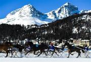 17 February 2019; Pipilo Jet, 4, and rider Sabine Luterbacher during the Preis der GammaCatering AG trotting race at the White Turf horse racing event at St Moritz, Switzerland. Photo by Ramsey Cardy/Sportsfile