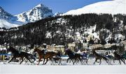 17 February 2019; Runners and riders during the Preis der GammaCatering AG trotting race at the White Turf horse racing event at St Moritz, Switzerland. Photo by Ramsey Cardy/Sportsfile