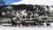 17 February 2019; Vigo du Verger and rider Jean-Bernard Matthey lead the field during the Preis der GammaCatering AG trotting race at the White Turf horse racing event at St Moritz, Switzerland. Photo by Ramsey Cardy/Sportsfile