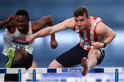 17 February 2019; Shane Aston of Trim AC, Co. Meath, on his way to winning the men's 60m hurdles, heats, during day two of the Irish Life Health National Senior Indoor Athletics Championships at the National Indoor Arena in Abbotstown, Dublin. Photo by Eóin Noonan/Sportsfile