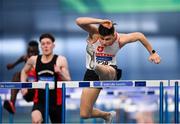17 February 2019; Matthew Behan of Crusaders AC, Co. Dublin, competing in the 60m Hurdles event during day two of the Irish Life Health National Senior Indoor Athletics Championships at the National Indoor Arena in Abbotstown, Dublin. Photo by Eóin Noonan/Sportsfile