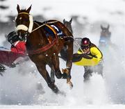 17 February 2019; Acteur de l'Ecu and driver Silvio Staub during the Grand Prix Credit Suisse skikjöring race at the White Turf horse racing event at St Moritz, Switzerland. Photo by Ramsey Cardy/Sportsfile